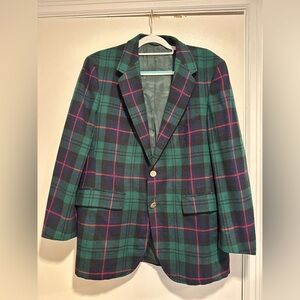 Vintage 60s/70s Men’s Blue/Green/ Red Tartan Plaid Wool Single Breast Blazer.